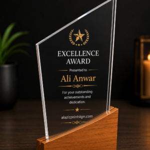 Modern Angle acrylic shield award with wooden base