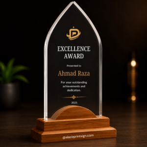 Royal Peak acrylic shield award with wooden base