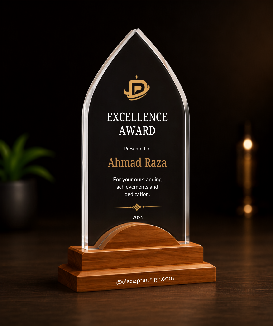 Royal Peak acrylic shield award with wooden base